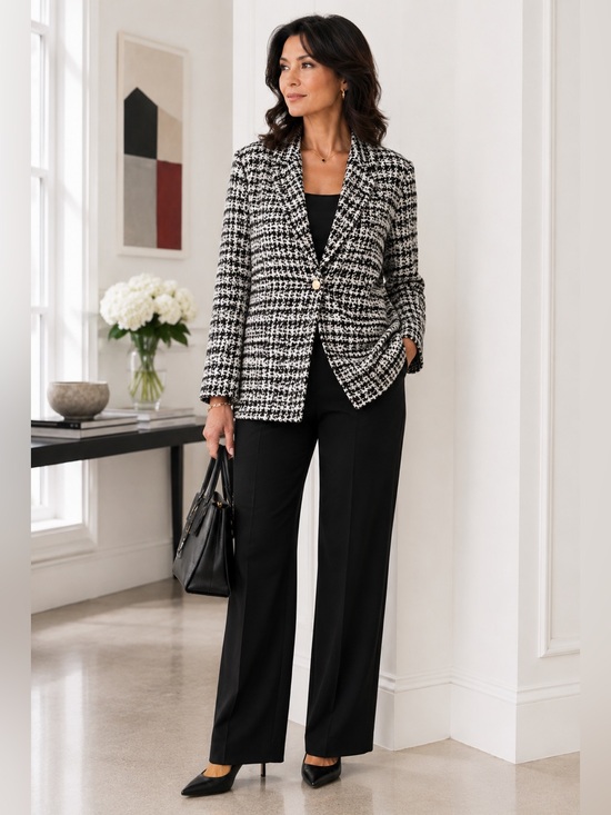 Misook Jackets & Blazers - MISook Black White Houndstooth Knit Gold Button Business Casual Jacket Blazer L
